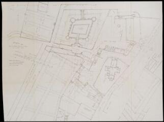 [Flogny-la-Chapelle :] Plan du château, basse cour et potager, avec une partie du village. D'après un plan original de 1781. XXe siècle