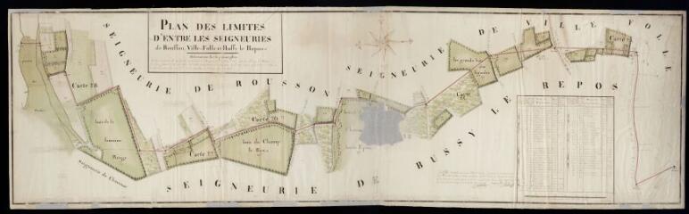 1 vue Plan des limites d'entre les seigneuries de Rousson, Villefolle et Bussy-le-Repos / Lalourcey, René, arpenteur.